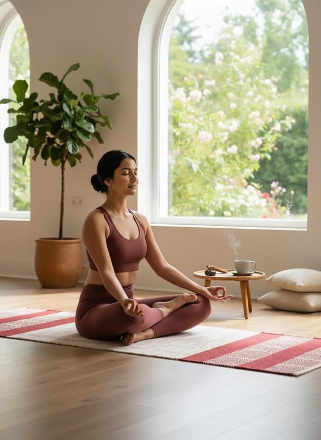 Craftyansari Handwoven Cotton Yoga Mat, Natural, 72 x 24 Inches, Fair Trade, Soft Absorbent Surface for Exercise, Workout, Meditation