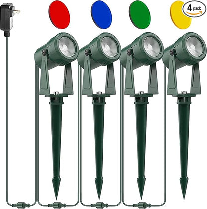SUNTHIN Outdoor Landscape Lighting, 4 Pack Outdoor Spot Lights with 4 Colorful Lens and Power Supply, Green Shell, IP65 Waterproof & Connectable