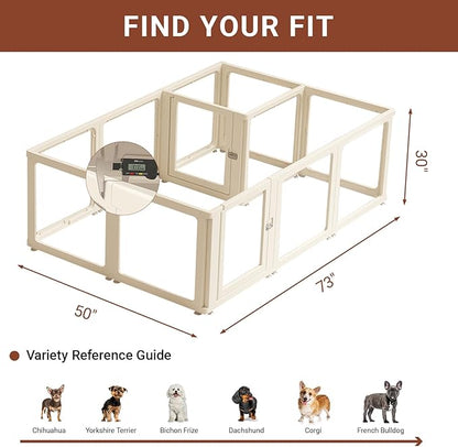 Transparent 12-Panel Dog Playpen, Acrylic Indoor/Outdoor Puppy Pen for Small & Medium Dogs, 30 Inch with Door, White(Fully Transparent 74 * 50 Two Rooms,30 inch)