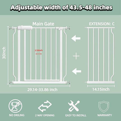TSAYAWA Walk Through Baby Gate with Door, 43.5-48 Inch Wide Presure Mounted No Drill Metal Auto Close Child Gate for Stair Doorway - Indoor Outdoor Safty Gate for Toddler Dog Doggie, White