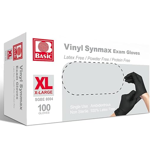 Jointown Basic Disposable Medical Synmax Vinyl Exam Gloves- 4 mil Safty Glove 100pcs - Latex-Free & Powder-Free - SGBE 8004, X-Large (box of 100, Black)
