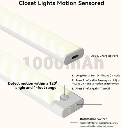 Under Cabinet Lighting 3 Packs, Rechargeable Motion Sensor Light Indoor, 8 Inches, 3 Color Temps, 29LEDs Dimmable Closet Light Stick on, Under Counter Lights for Kitchen