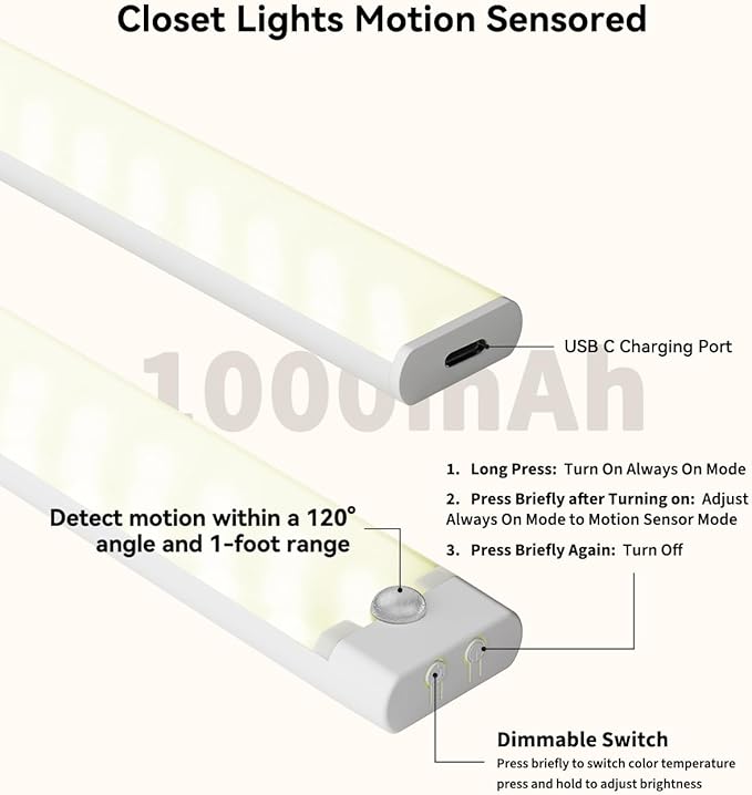 6 Packs Under Cabinet Lighting with Charging Station 8 Inches, Rechargeable Motion Sensor Light Indoor, 3 Color Dimmable Closet Light, USB Led Stick on Under Counter Lights for Kitchen Pantry