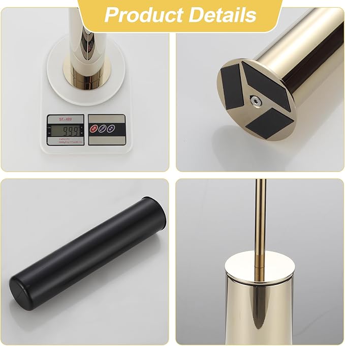 BGL Toilet Brush and Holder Set, Heavy Duty 304 Stainless Steel, Round Base and Long Handle for Bathroom Deep Cleaning, Drip-Proof, Space Saving for Storag, Gold