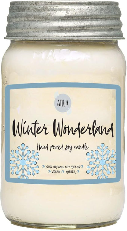 Aira Soy Candles - Organic, Kosher, Vegan, in Mason Jar w/Therapeutic Grade Essential Oil Blends - Hand-Poured 100% Soy Candle Wax - Paraffin Free, Burns 110+ Hours - Winter Wonderland - 16 Ounces