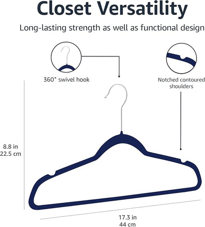 Amazon Basics Slim, Velvet, Non-Slip Suit Clothes Hangers, Navy Blue/Silver - Pack of 50