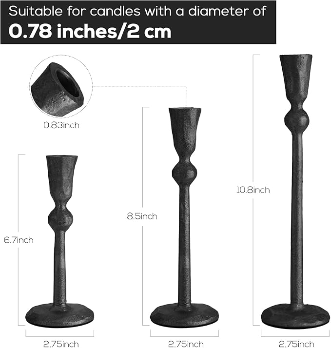 Set of 3 Antique Black Taper Candle Holders Cast Iron Candlestick Holder for Table Centerpieces Wedding Holiday Decor Vintage Decorative Candelabra Style Candle Stick Stand