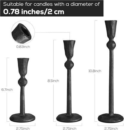 Set of 3 Antique Black Taper Candle Holders Cast Iron Candlestick Holder for Table Centerpieces Wedding Holiday Decor Vintage Decorative Candelabra Style Candle Stick Stand
