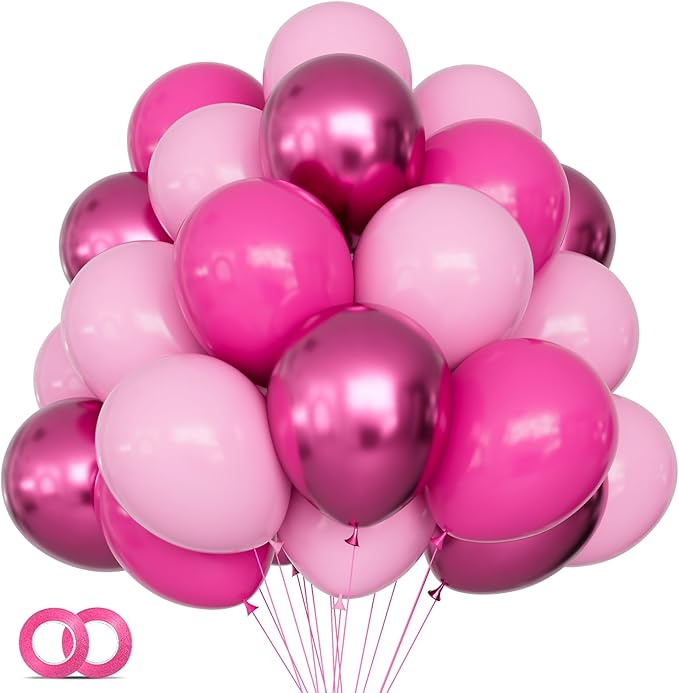 KAWKALSH Pink Balloons Metallic, 60Pcs 12Inch Hot Pink Latex Balloon and Dark Magenta Balloons for Birthday Baby Shower Princess Party Decorations