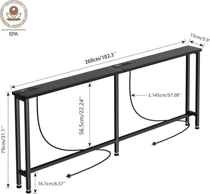 102" Narrow Console Sofa Table - 2 Power Outlets & 4 USB Ports, Metal Frame, Black, Perfect for Hallway, Office, and Behind Sofa - Easy Assembly, 4.9' Extension Cord Included