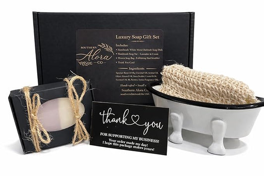 Lavender Bath Gift Set – Handmade Soap Bars with Soap Dish & Exfoliating Bag, Farmhouse Bathroom Decor