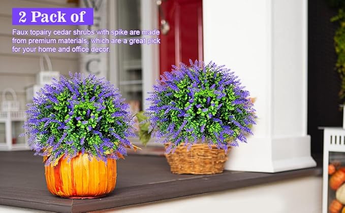 LAFORMO Artificial Lavender Topiary Ball Trees with Ground Spike, 2 Pack 15.7" UV Resistant Artificial Shrubs, Fake Evergreen Artificial Plant Brush for Indoor Outdoor Front Porch Garden