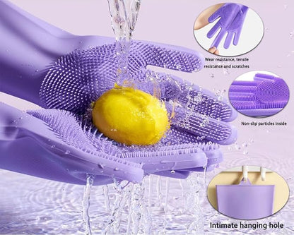 1 pairs Silicone Dishwashing & Pet Grooming Gloves - 2-in-1 Heat Resistant Gloves with High-Density Teeth, Enhanced Five Finger Design for Bathing, Cleaning Dishes, Cars, Dogs & Cats(Purple)