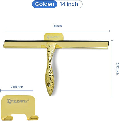 All-Purpose Silicone Shower Squeegee for Shower Glass Door,with 1 Hooks,for Bathroom Glass, Car, Tile Wall, Mirror Cleaning - Flower Shaped Handle for Easy-Grip 14 Inch Golden