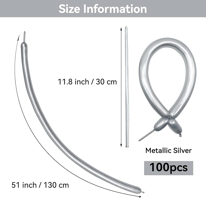 Metallic Silver Long Balloons Premium 260 Twisting Magic Balloons for Birthday Kids Wedding Party Supply 100pcs