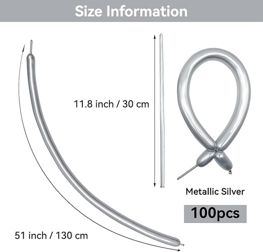 Metallic Silver Long Balloons Premium 260 Twisting Magic Balloons for Birthday Kids Wedding Party Supply 100pcs