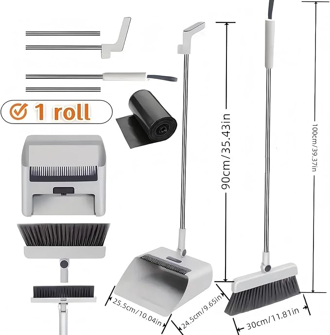 3 in 1Broom and Dustpan Set with Garbage Bags, Broom Dust pan with Long Handle, for Home, Broom with Dustpan Combo Set, for Home Office School Dorm, Cleaning Supplies, Household Cleaning Gadgets