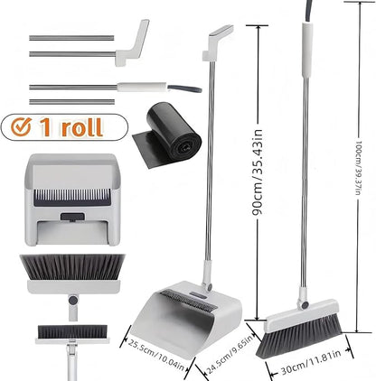 3 in 1Broom and Dustpan Set with Garbage Bags, Broom Dust pan with Long Handle, for Home, Broom with Dustpan Combo Set, for Home Office School Dorm, Cleaning Supplies, Household Cleaning Gadgets