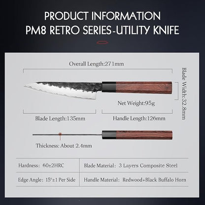 HEZHEN 5.3" Utility Knife, Clad Steel Composite Forging Steel Universal Knife, Petty Knife Paring Fruit Peeling,Japanese Style Kitchen Knife,Natural Wood Octagonal Handle