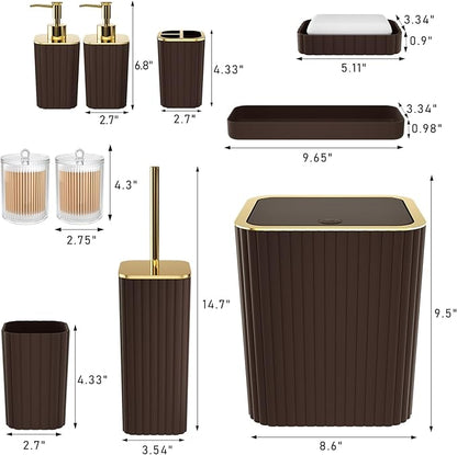 Bathroom Accessories Set - Gorgeous Bathroom Set, 10PC Brown Bathroom Accessories, Bathroom Accessory Set, Toilet Brush, Trash Can, Qtip Holder Dispenser & Soap Dispenser