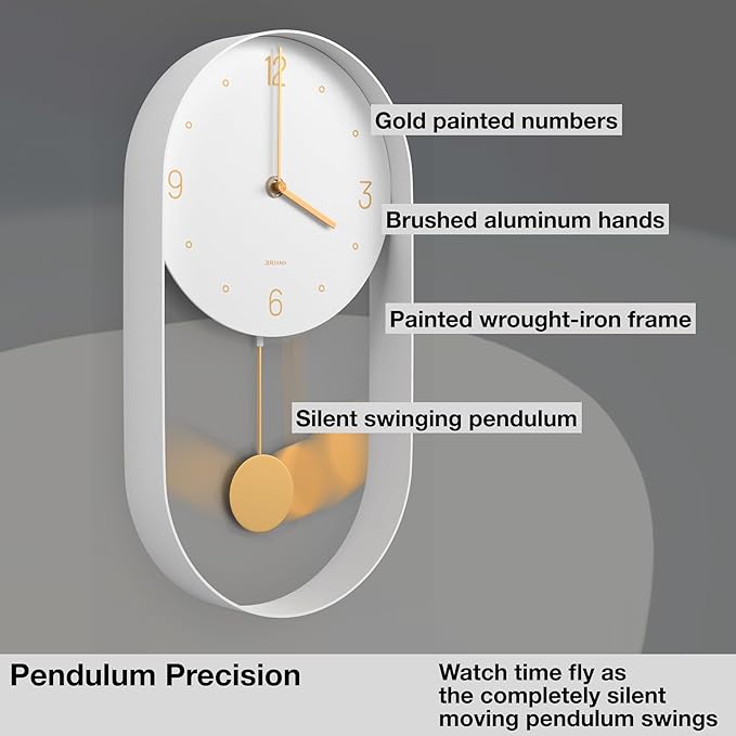 Driini Modern Pendulum Wall Clock - Decorative and Unique Metal Frame, with 8 Inch Face - Contemporary, Minimalist Design, with Silent Non Ticking Operation - Includes Both White and Gold Pendelum