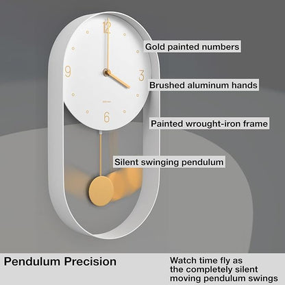 Driini Modern Pendulum Wall Clock - Decorative and Unique Metal Frame, with 8 Inch Face - Contemporary, Minimalist Design, with Silent Non Ticking Operation - Includes Both White and Gold Pendelum