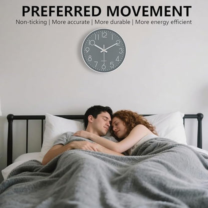 Modern Silent Wall Clock - 12 Inch Wall Clocks Battery Operated Large Number, Non-Ticking Analog Clock with Tempered Glass Quartz Clocks for Living Room Bedroom Office Kitchen, Grey