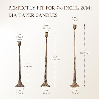 Set of 3 Candle Stick Holders, Iron Antique Gold Candlestick Holders, Fits 3/4 inch Thick Candles, Tapered Candle Holders Tall Set for Dining Table, Wedding, Home Decoration