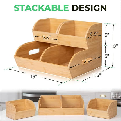 Potato and Onion Storage Bin for Pantry and Kitchen Counter - Ventilated Stackable Bamboo Organizer Baskets with Handles - Multipurpose Organization Containers for Fruit, Vegetable, Pantry - 3 Pack