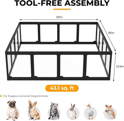 Acrylic Dog Playpen Indoor, Clear Dog Play Pen for Puppies and Small Dogs, Easy Assembly & Clean Puppy Pen (23.6", 16 Panels, Black)
