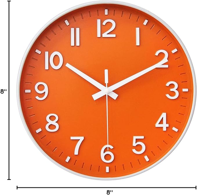 HZDHCLH Wall Clocks Battery Operated,Wall Clock Orange,8 inch Wall Clock Silent Non Ticking Modern 3D Numbers for Kitchen Bedroom Living Room Office Classroom Decor