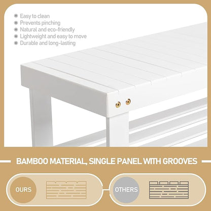 Bamboo Shoe Bench 90cm, 2-Tier White Color Slatted Entryway Bench, Multifunctional Storage Bench for Hallway Living Room
