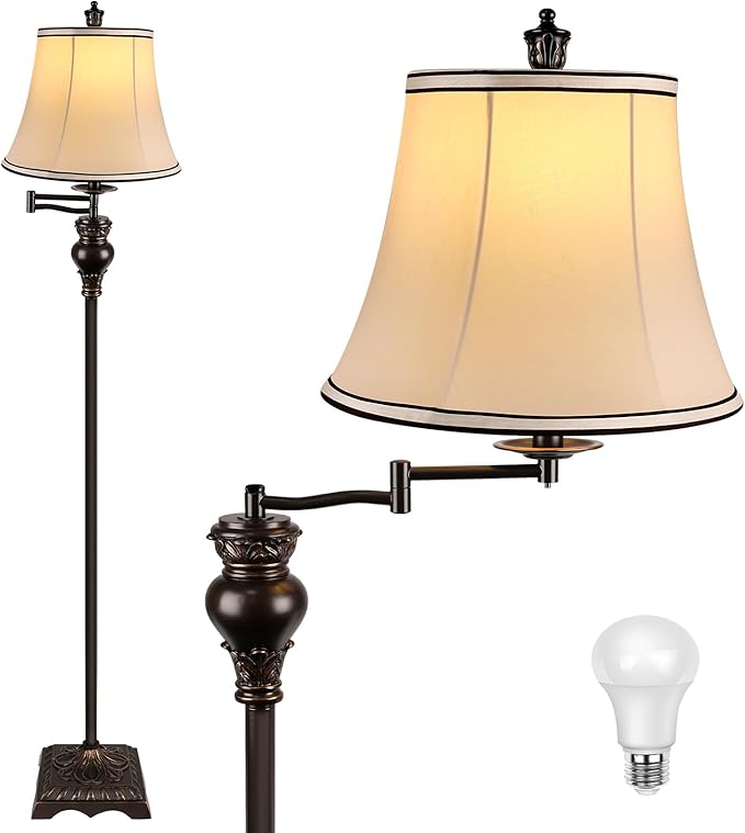 PARTPHONER Vintage Floor Lamps for Living Room,Traditional 350° Adjustable Swing Arm Farmhouse Floor Lamp for Bedroom, Rustic Standing Lamp Pole Lamps for Reading, Home Décor and Office, Brown