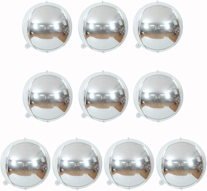 10 pcs Silver 4D balloon, 10 inch Foil Mylar Sphere Balloon for Birthday Party,Wedding,Valentine's Day, Christmas,Baby Shower Decoration Supplies
