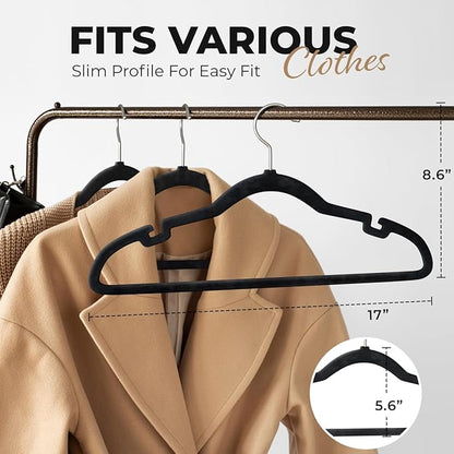 50 Pack Velvet Hanger for Shirt Pants Dresses Skirts Suits Jackets - Slim Space Saving Design - Standard Coat Hanger - Sturdy & Durable Design with Shoulder Grooves Hook - Black
