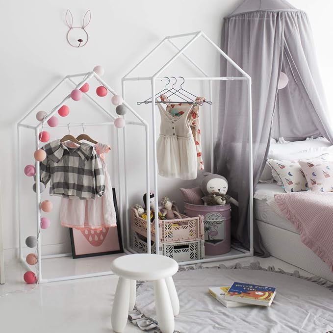 PETITE MAISON Kids Closet - Dress up Clothing Garmet Rack, Hanging Costume Organizer with Cute House Frame, Handmade Premium Quality, 25'' x 17'' x 59'', Aluminium Super-Light, Large White
