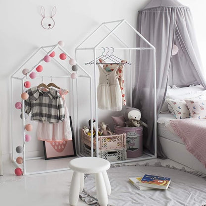 PETITE MAISON Kids Closet - Dress up Clothing Garmet Rack, Hanging Costume Organizer with Cute House Frame, Handmade Premium Quality, 25'' x 17'' x 59'', Aluminium Super-Light, Large White