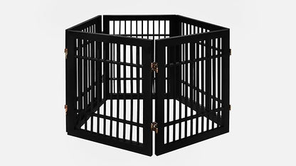 Pet Dog Gate Strong and Durable Freestanding Folding Acacia Hardwood Portable Wooden Fence Indoors or Outdoors by Urnporium (Black Pet Gate, 5 Panel 24" Tall)
