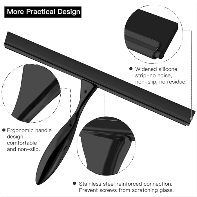 peafowl Shower Squeegee Stainless Steel Bath Squeegee for Shower Glass Doors Bathroom Windows Kitchen Mirror and Car Glass with Hooks Holder (12 inch, Black)