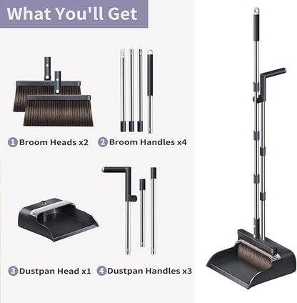 Broom and Dustpan Set, 51.6" Long Handle Broom with Dustpan Combo Set with Dustpan Teeth & Two Broom Heads, Brooms with Dust Pan for Sweeping Indoor Home Kitchen Office Lobby Pet Hair