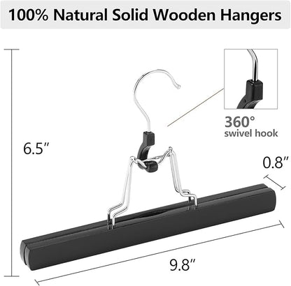 AMKUFO 12 Pack Black Wooden Pants Hangers with Clips Non Slip Skirt Hangers Trouser Clamp Hanger Solid Wood Hanger with 360° Swivel Hook