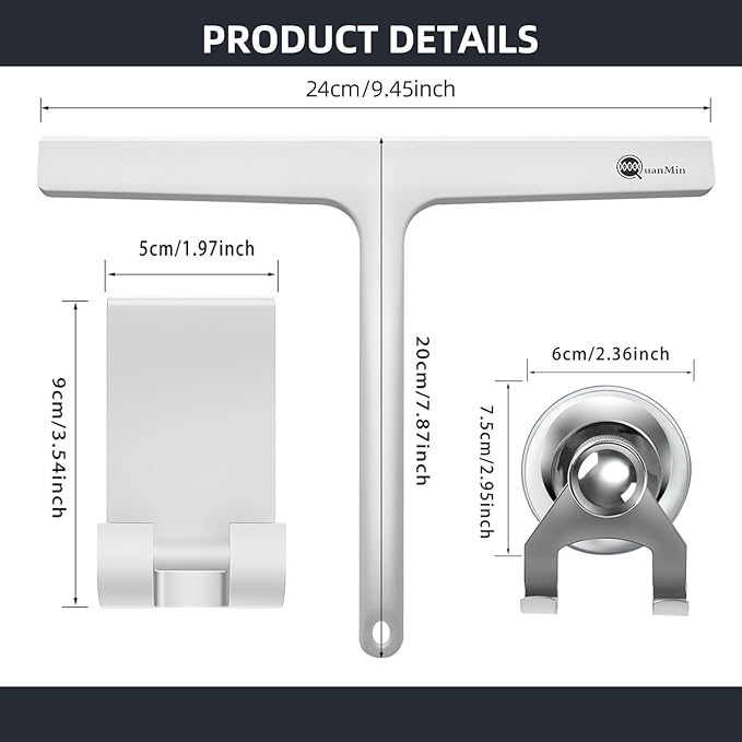 Upgraded 9 Inch Shower Squeegee with Hook - Stainless Steel Core & Silicone Blade | Multi-Purpose Glass Wiper for Shower Doors, Windows, Ceramics - Rounded White