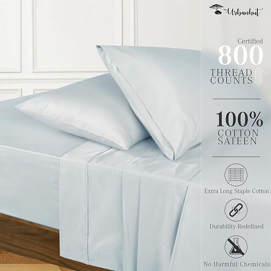 URBANHUT 800 Thread Count Queen Size Sheets Egyptian Cotton, Long Staple, Soft & Breathable, 4 Pc Bed Sheet Sets for Queen Size, Luxury Hotel Sateen Sheets Fits 16" Deep Pocket - Light Blue