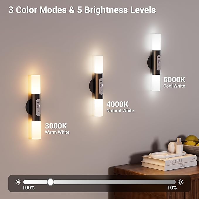 Motion Sensor Wall Lights with Remote Control, LED Rechargeable Battery Operated Wall Sconces Set of Two for Bedroom, Wireless Night Light for Indoor Stairway, Hallway, Black