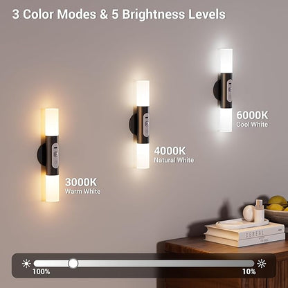 Motion Sensor Wall Lights with Remote Control, LED Rechargeable Battery Operated Wall Sconces Set of Two for Bedroom, Wireless Night Light for Indoor Stairway, Hallway, Black