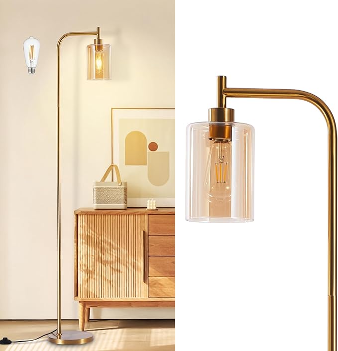 DLLT Floor Lamp Tall for Room: Gold Standing Lamp with Amber Glass Lampshade for Living Room - Modern Bright Lamp for Bedroom - Industrial Corner Floor Lamps for Office 8W Led Bulb Included
