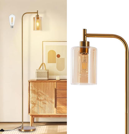DLLT Floor Lamp Tall for Room: Gold Standing Lamp with Amber Glass Lampshade for Living Room - Modern Bright Lamp for Bedroom - Industrial Corner Floor Lamps for Office 8W Led Bulb Included