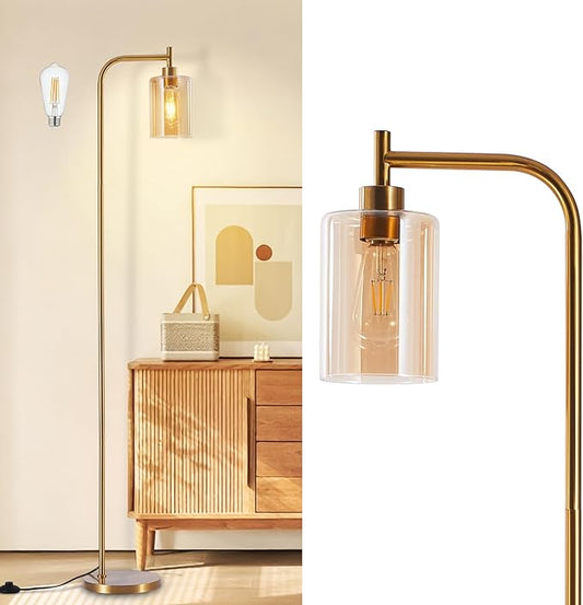 DLLT Floor Lamp Tall for Room: Gold Standing Lamp with Amber Glass Lampshade for Living Room - Modern Bright Lamp for Bedroom - Industrial Corner Floor Lamps for Office 8W Led Bulb Included