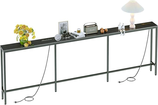 94.5" Behind Couch Table with 2 Fast Charging Stations, 7.1" Narrow Skinny Sofa Table with 4 Power Outlets, 4 USB-A, 2 USB-C for Console Entryway, Black