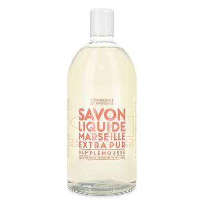 Compagnie de Provence Savon de Marseille Extra Pure Liquid Soap - Pink Grapefruit - 16.7 Fl Oz Glass Pump Bottle and 33.8 fl oz Plastic Bottle Refill